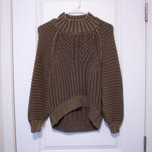 S Distressed Boho Mystree Anthropologie Boho Sweater Green Poof Chunky Mockneck